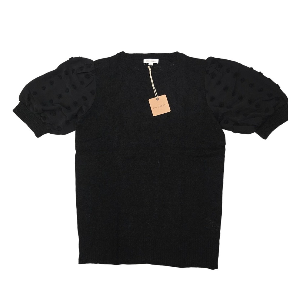 Blu Pepper Black Puff Sleeve Textured Knit Top‎ Sweater Women's Size L
